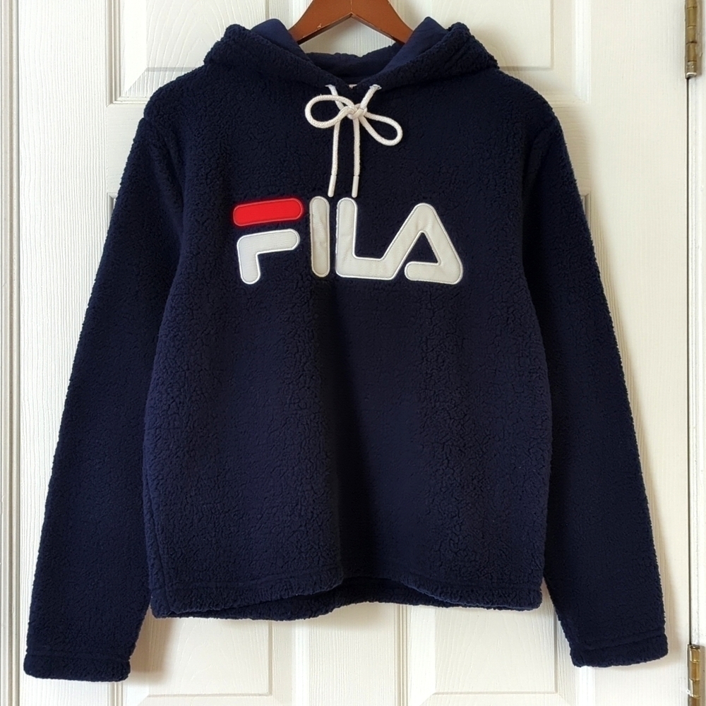 Fila Caroline Logo Embroidered Fuzzy Sherpa Hoodie Pullover Sweatshirt Navy S
